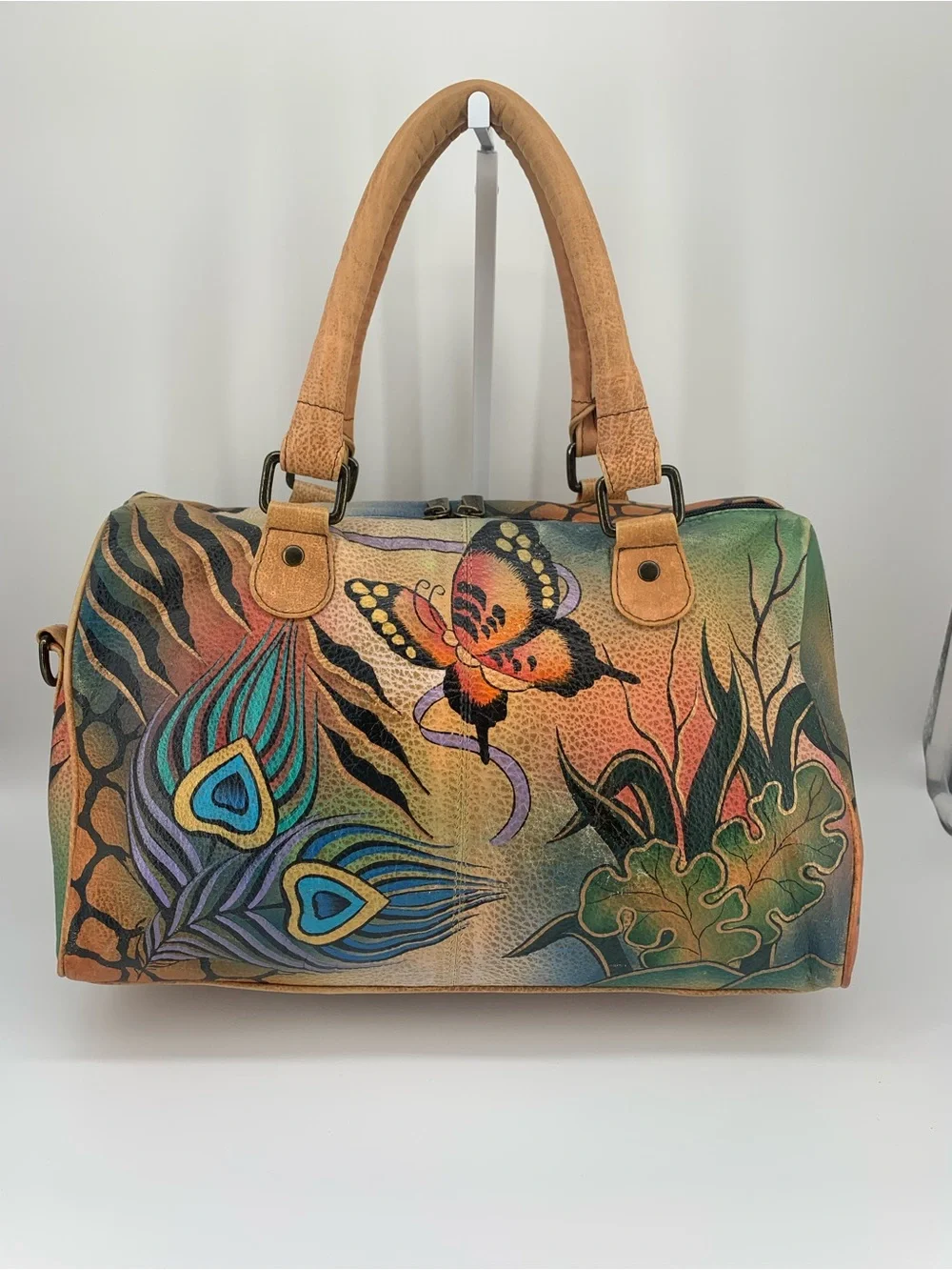 Anuschka Hand Painted Leather Satchel Peacock Feather Botanical Art Crossbody